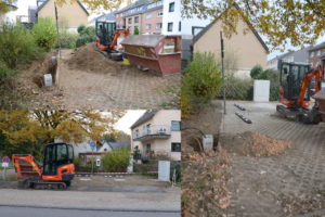 Fotocollage der Bauarbeiten an den Ladensäulen in der Steinbahn