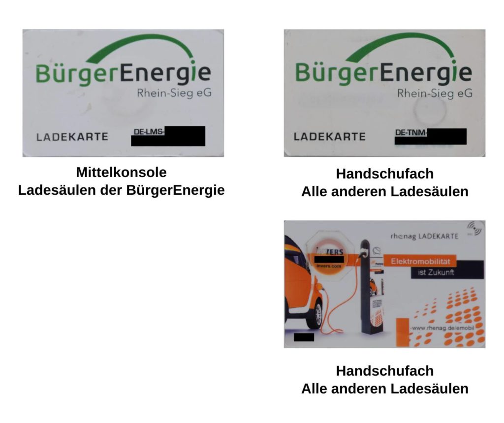 Übersicht über die drei Ladekarten im Carsharingauto