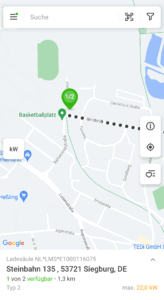 Screenshot der Ladesäulen in der Steinbahn aus einer Android App